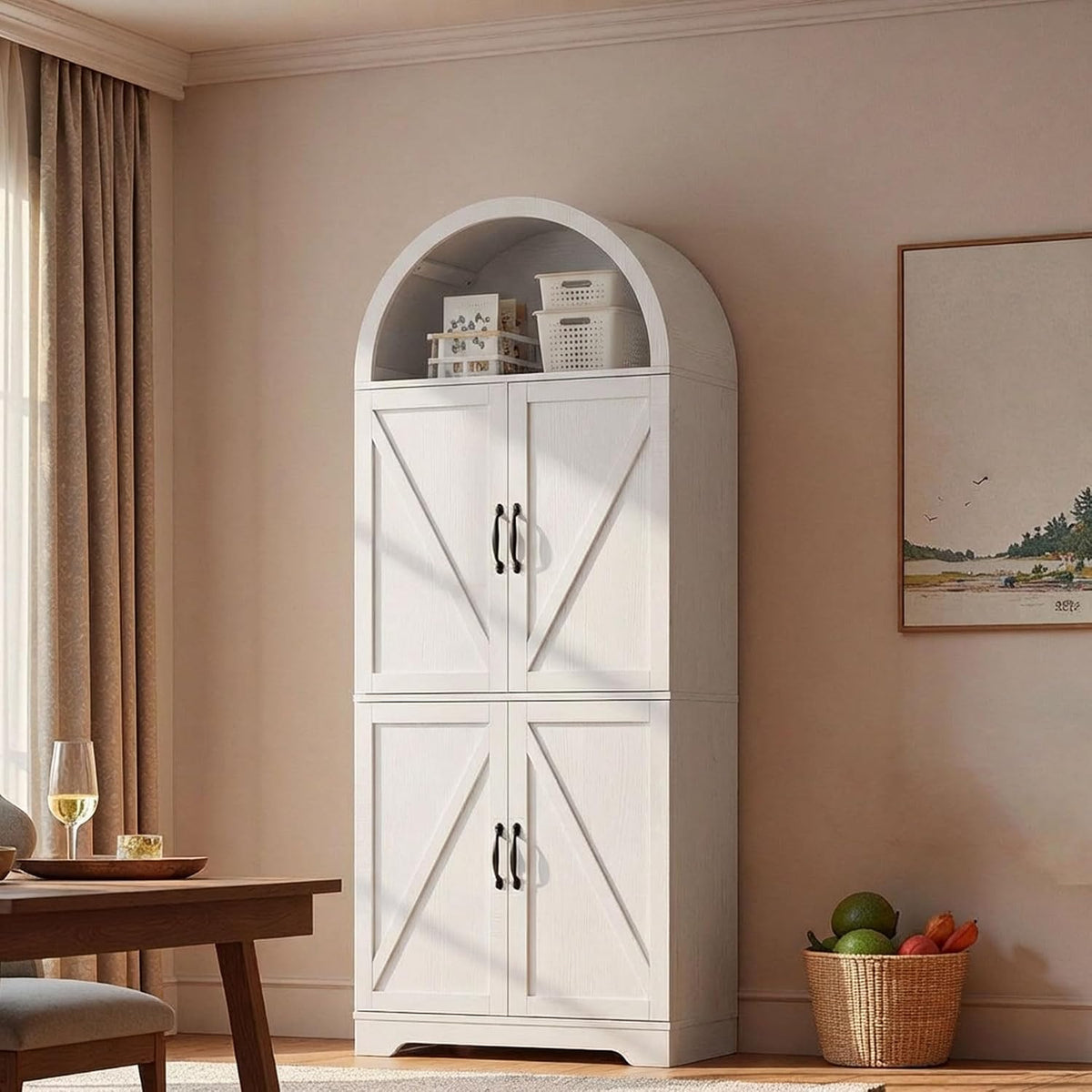 70" Tall Arched Pantry Cabinet, Kitchen Cupboard with Barn Doors, Adjustable Shelves & 3-Color Human Sensor LED Lights for Kitchen/Living Room, White