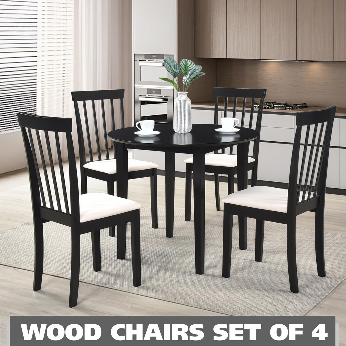 Kings Brand Furniture - Set of 4 Wood Dining Chairs - Upholstered Modern Dining Room Kitchen Armless Side Chair, Black