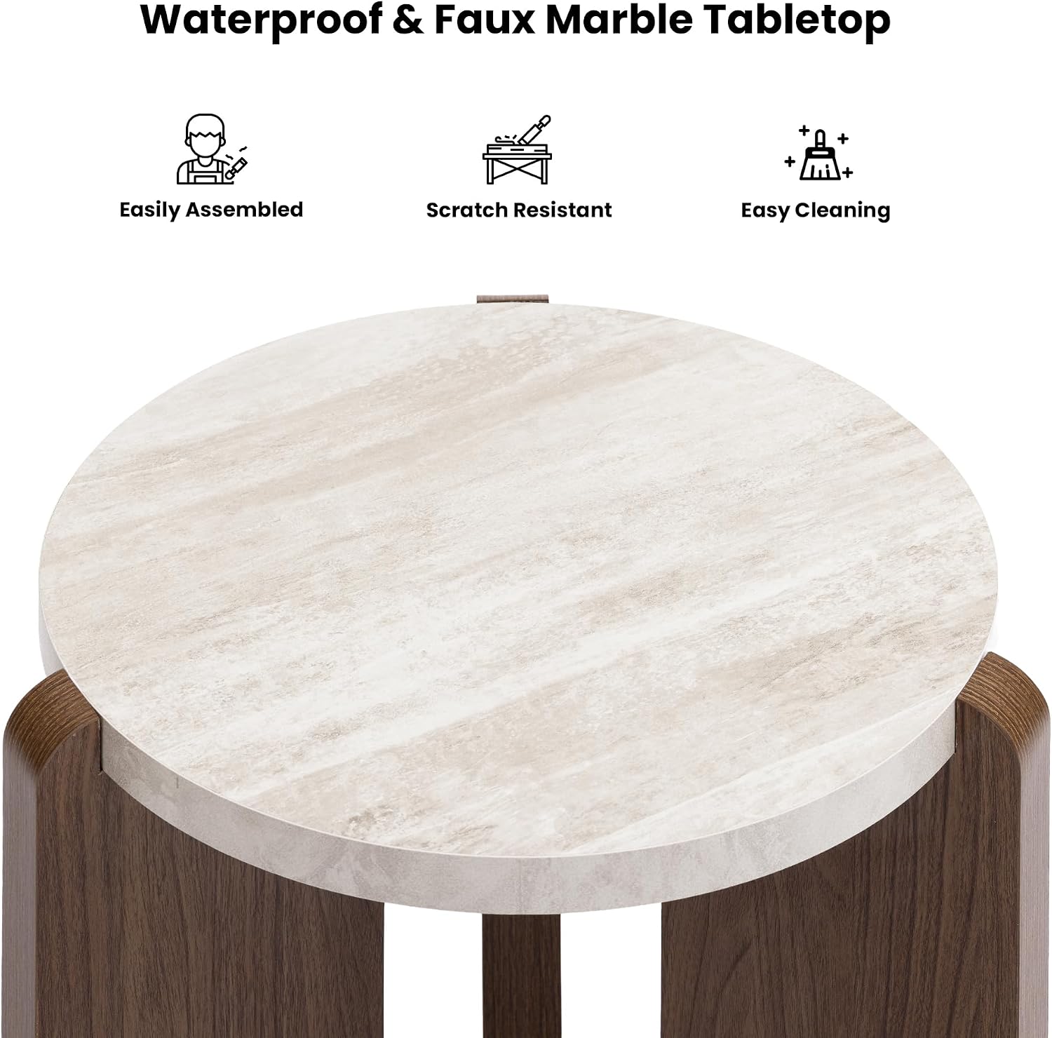 HOMPUS Farmhouse Round End Table, French Country White Bedside Table, Faux Marble Tabletop Sofa Table, Accent Side Table for Living Room, Bedroom, Office, Small Spaces, Easy Assembly (White + Brown)