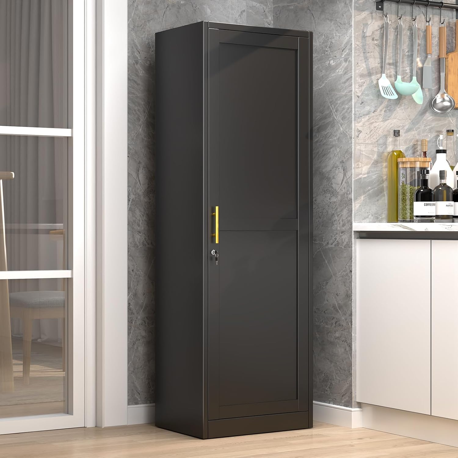 Metal Narrow Pantry Cabinet with Doors and Shelves, 67" H Tall Locker Cabinet for Kitchen, Living Room, Bathroom, 1 Door with Lock, Black