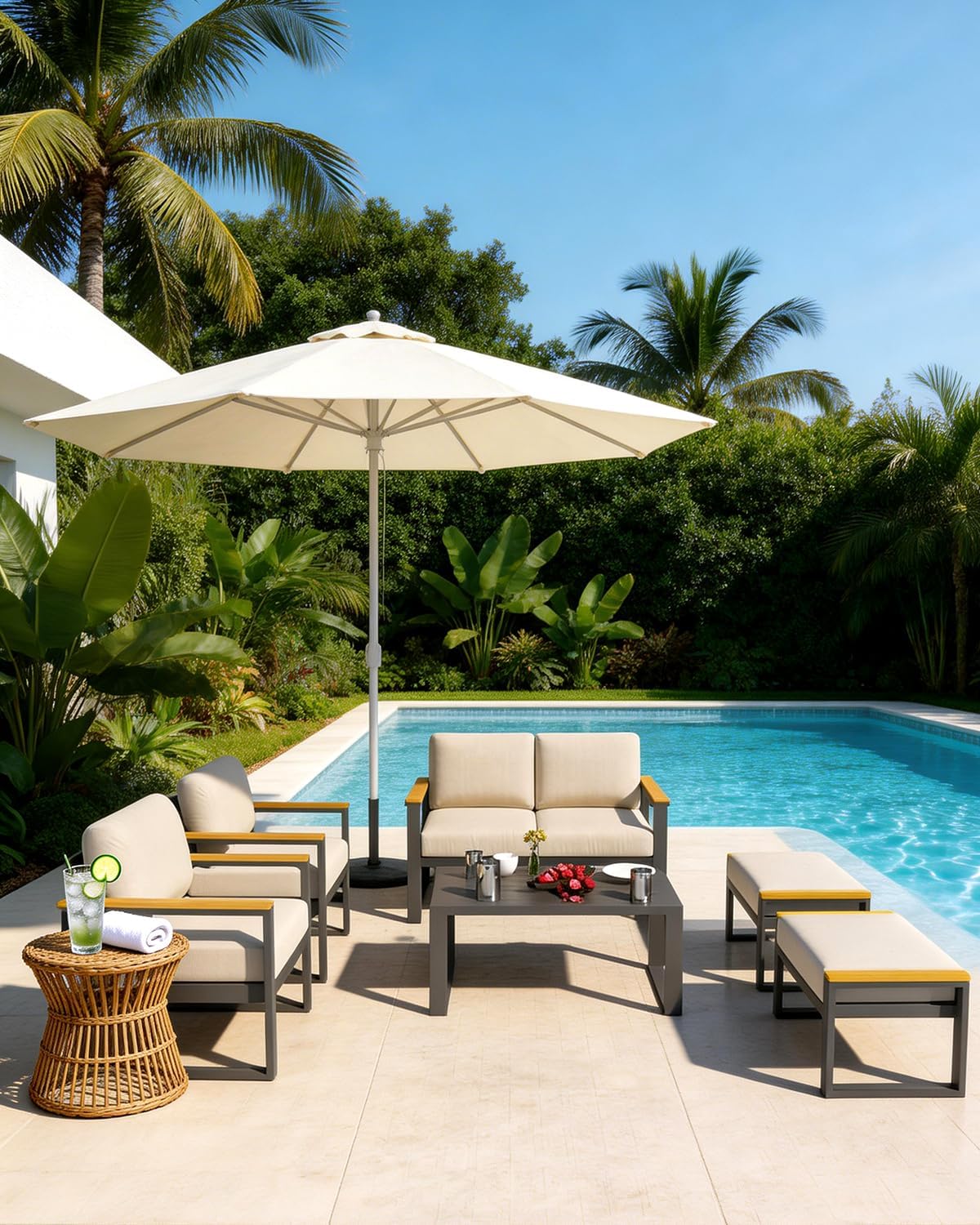 IDEALHOUSE Outdoor 2 Pieces Aluminum Patio Ottoman, Outdoor Footstool with Seat Cushions, Small Metal Outdoor Chairs for Balcony, Garden, Deck, Backyard,Beige