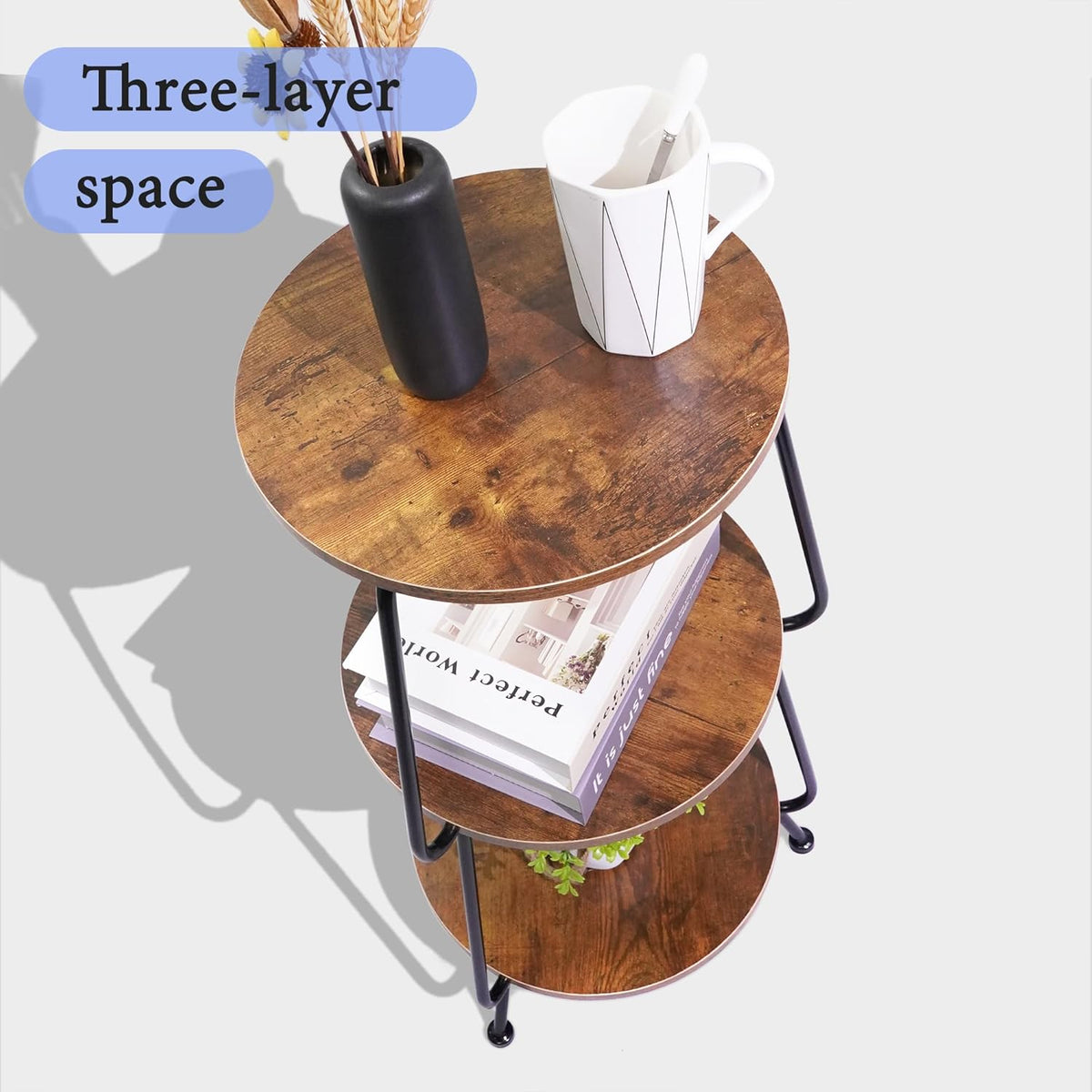 Small Round Side Table - 3 Tier End Table with Storage Shelf, Slim Industrial Coffee Table for Small Spaces, Living Room & Bedroom Narrow Gaps, Rustic Brown