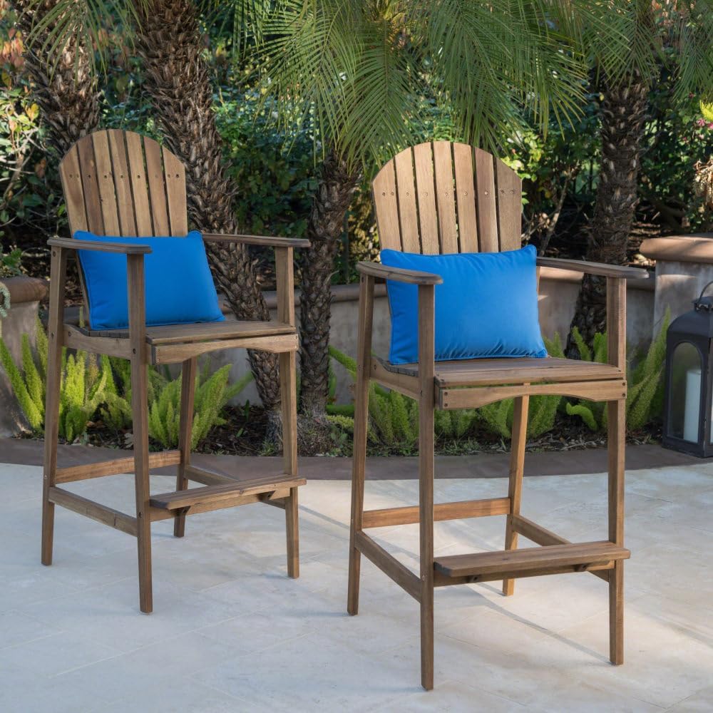 Adirondack Bar Stools, Set of 2 Natural Stained Acacia Wood Outdoor Barstools, Patio Counter Chairs for Backyard Deck Garden Porch Bar Seating