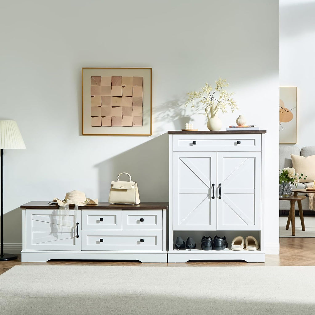 SOOWERY 48 Inch End of Bed Storage Bench, Farmhouse Bed Bench with Drawers and Cabinet, Rustic Shoe Storage Bench for Entryway, Bedroom,Living Room, White