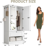 iPormis Wood Armoire Wardrobe Closet with Mirror Door and Drawer, 2 Doors Bedroom Storage Cabinet for Hanging Clothes, White