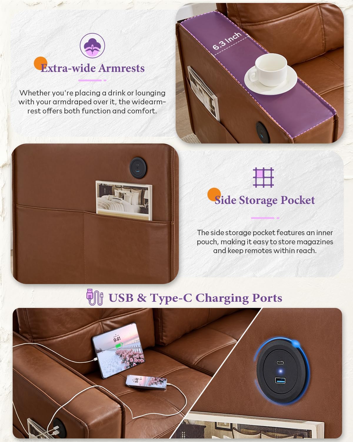 Brown Leather 3-Piece Sofa Set with USB & Type-C, Living Room Couch | TYBOATLE Sectional Couches, Comfy 3-Piece Living Room Furniture with Charging Ports, RV Office Apartment Bedroom, Brown
