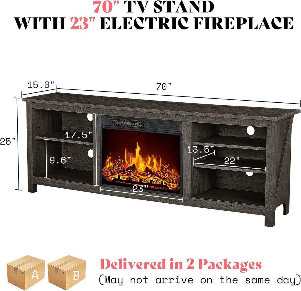 AMERLIFE 70" Fireplace TV Stand with 23" Electric Fireplace for 80" TVs | Rustic Grey, Wood Texture Finish, Farmhouse Style, Entertainment Stand, Media TV Console, Storage Cabinet, Living Room