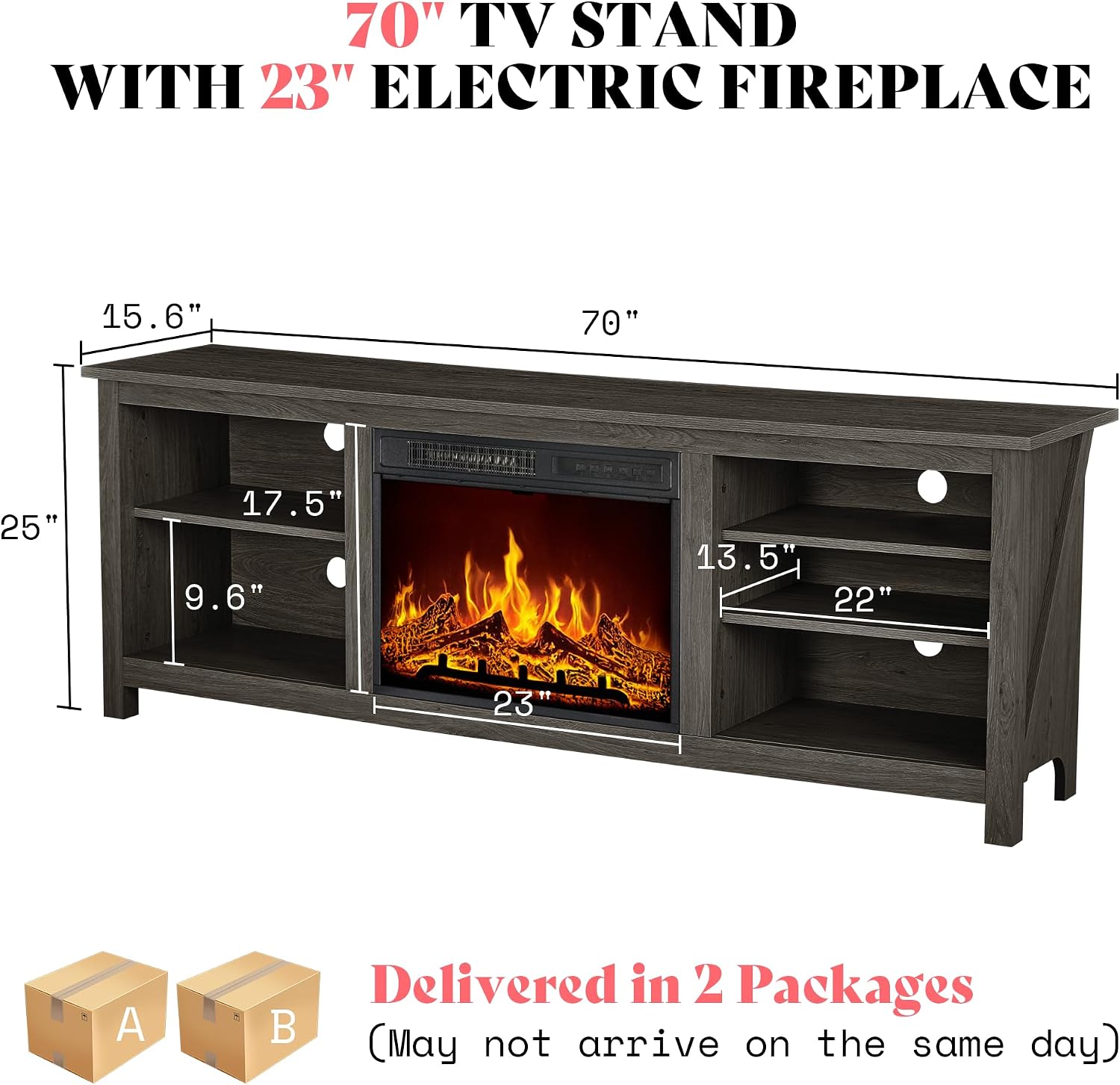 AMERLIFE 70" Fireplace TV Stand with 23" Electric Fireplace for 80" TVs | Rustic Grey, Wood Texture Finish, Farmhouse Style, Entertainment Stand, Media TV Console, Storage Cabinet, Living Room