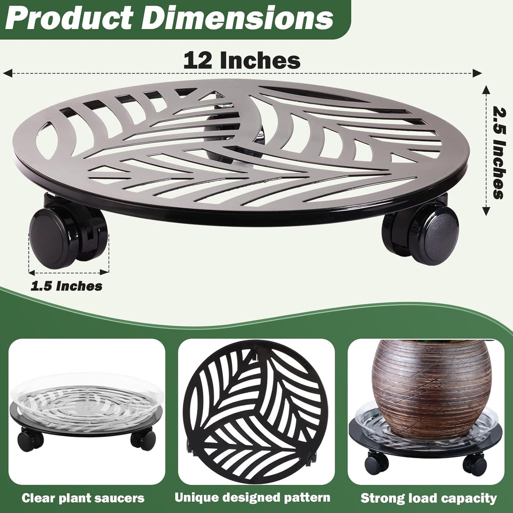 4 Packs Large Metal Plant Caddy with 3 PU Wheels 12" Heavy-duty Wrought Iron Rolling Plant Stands Indoor Outdoor Wheeled Plant Dolly Planter Mover Rollers Plant Trolley Cart, Plant Saucers Included
