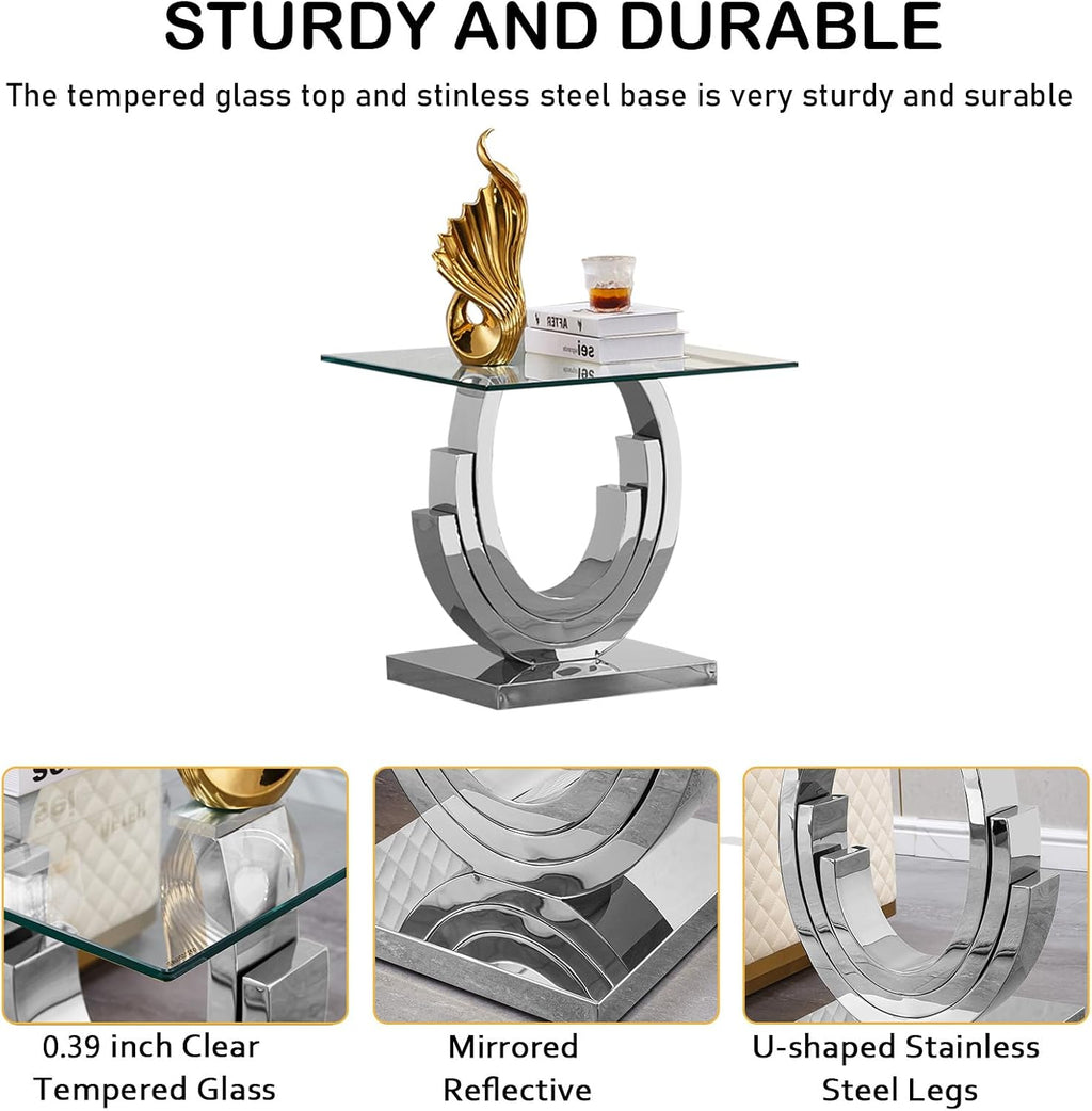 Glass End Table, 22.83" Square Side Table with Tempered Glass Top and Silver Mirror Finish Stainless Steel Three U-Shaped Base, Modern Small End Side Table for Living Room