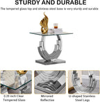 Glass End Table, 22.83" Square Side Table with Tempered Glass Top and Silver Mirror Finish Stainless Steel Three U-Shaped Base, Modern Small End Side Table for Living Room