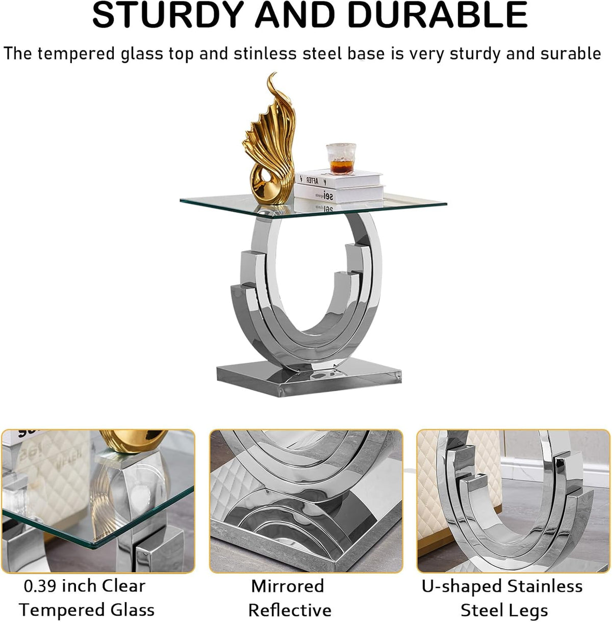 Glass End Table, 22.83" Square Side Table with Tempered Glass Top and Silver Mirror Finish Stainless Steel Three U-Shaped Base, Modern Small End Side Table for Living Room