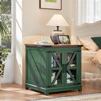 Joaxswe Farmhouse End Table, 24" Large Sofa Side Table with Charging Station Glass Barn Door, Wood Nightstand with Adjustable Storage Shelf, Square Bedside Table for Living Room, Bedroom, Office-Green