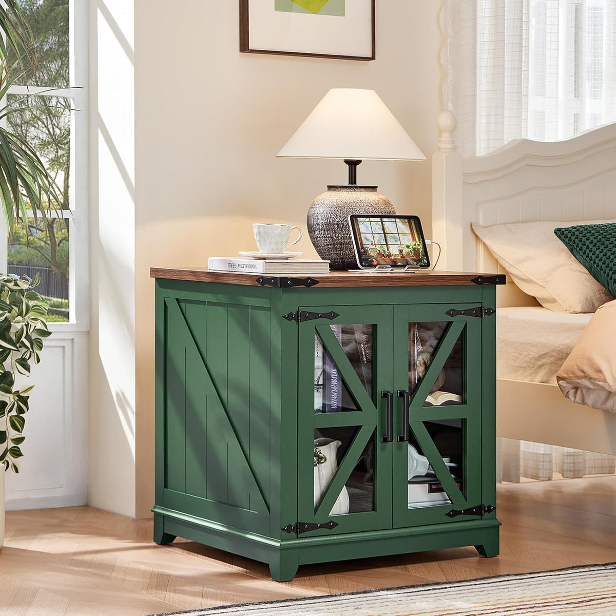 Joaxswe Farmhouse End Table, 24" Large Sofa Side Table with Charging Station Glass Barn Door, Wood Nightstand with Adjustable Storage Shelf, Square Bedside Table for Living Room, Bedroom, Office-Green