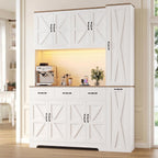 70.9" Tall Farmhouse Pantry Cabinet with Pull-Out Storage Cart & LED Lights, Modern Kitchen Storage Hutch with Charging Station, 9 Doors 3 Drawers Adjustable Shelves for Dining Living Room, White