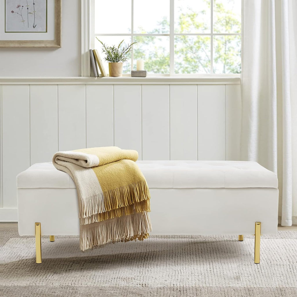 Velvet Storage Bench Ottoman,Versatile Seating with Hidden Storage,End of Bed Bench,Tufted Bench for Bedroom,Living Room,Entryway,Ivory