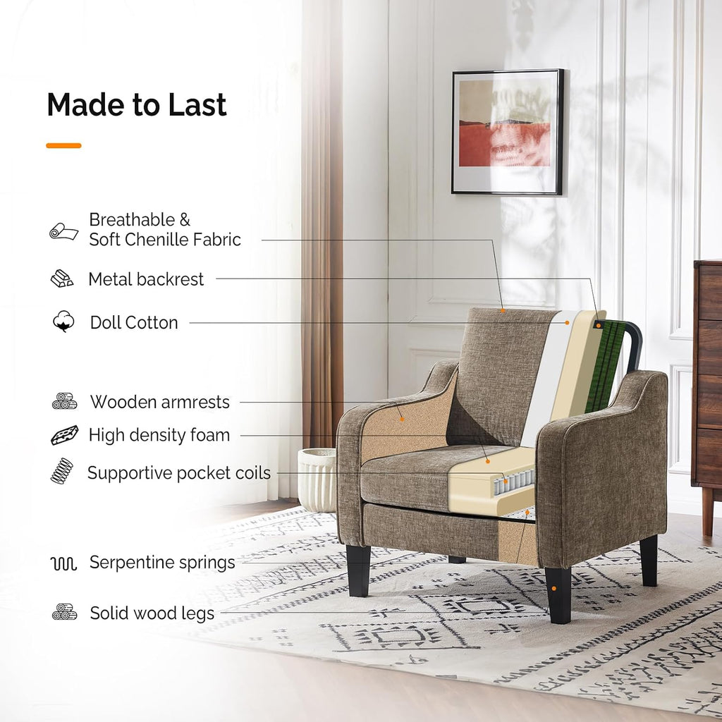 VINGLI Accent Chairs Set of 2, Modern Traditional Armchair for Living Room | Light Brown Reading Chair for Bedroom, Chenille Upholstered Sofa Chairs, Comfy Chair for Small Space, Apartment, Waiting Room