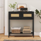 GOFLAME Rattan Console Table, Boho Entryway Table with 2 Drawers & Open Storage Shelf, Narrow Long Sofa Table with Metal Legs, Foyer Table Behind Couch Table for Living Room, Hallway, Black