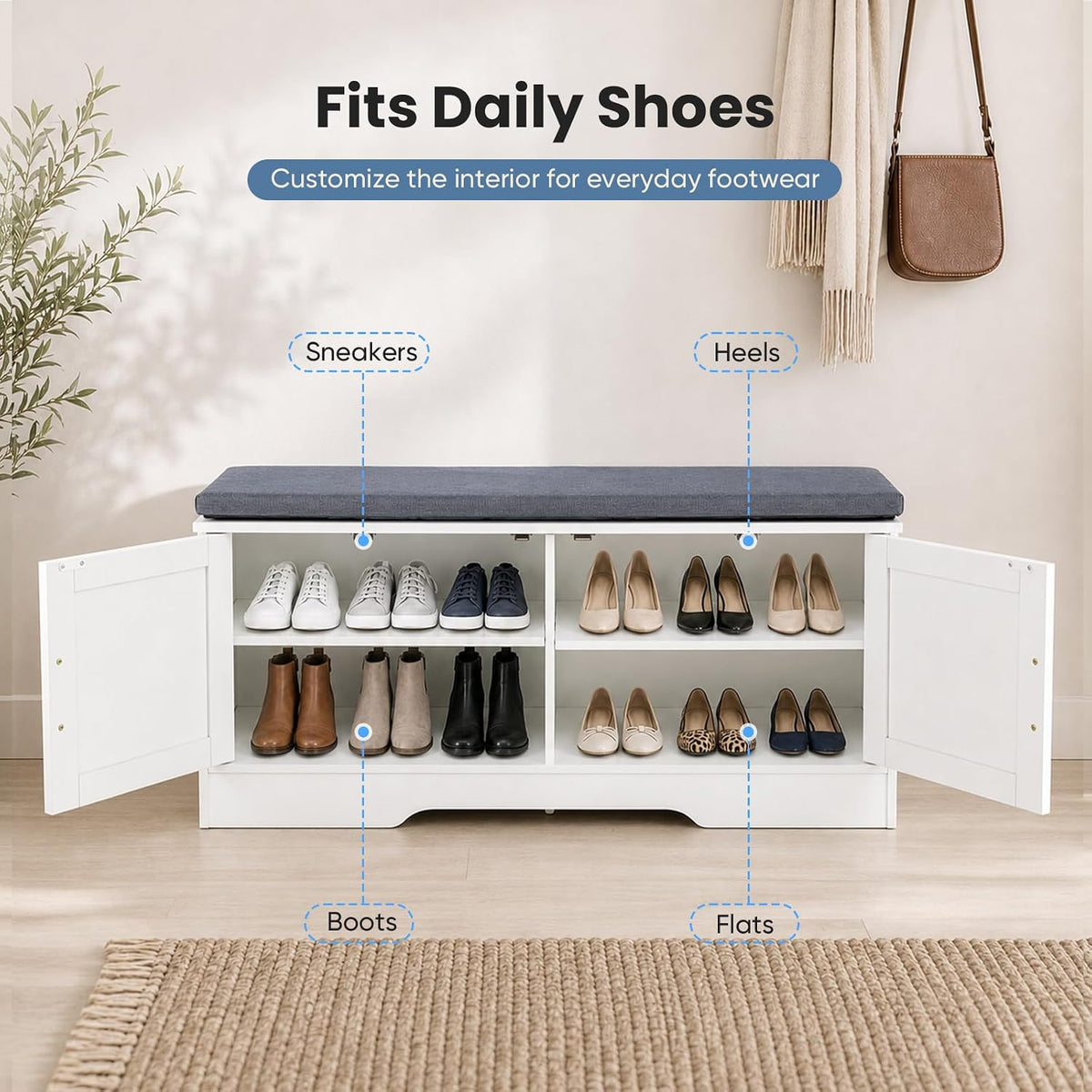NEWBULIG Shoe Bench with Storage for Entryway, 39.4" Shoe Storage Bench | Modern Farmhouse 2-Doors Hidden Shoe Organizer Bench with Padded Cushion Seat & Adjustable Shelves for Mudroom Bedroom White