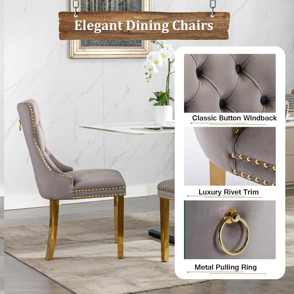 68" Marble Dining Table Set for 6, Luxury White Gold Kitchen Table with 6 Grey Velvet Dining Chairs, Modern Fuax Marble 7-Piece Dining Room Table Set for 6 w/Stainless Steel U-Base