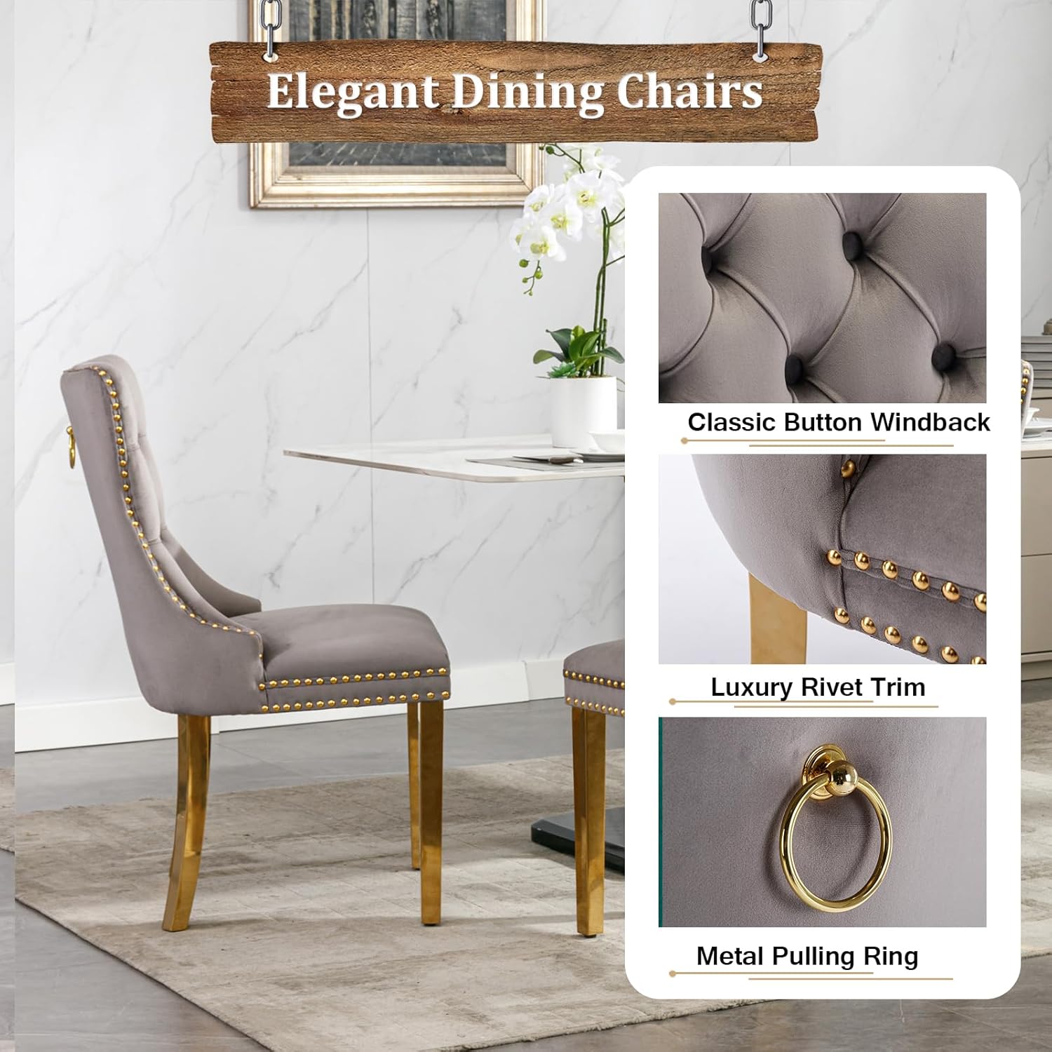68" Marble Dining Table Set for 6, Luxury White Gold Kitchen Table with 6 Grey Velvet Dining Chairs, Modern Fuax Marble 7-Piece Dining Room Table Set for 6 w/Stainless Steel U-Base