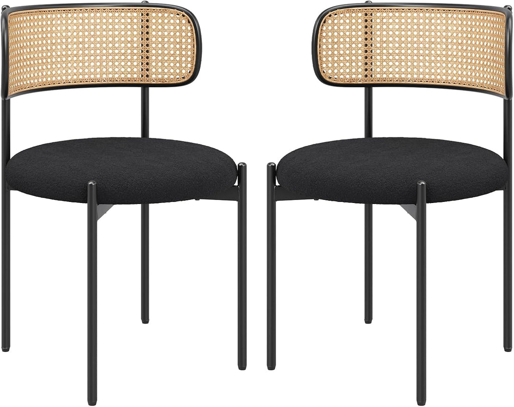 Farini Dining Chairs Set of 4,Mid-Century Modern Kitchen Chair Rattan Backrest Round Upholstered Sherpa Dining Chairs with Metal Legs,Black