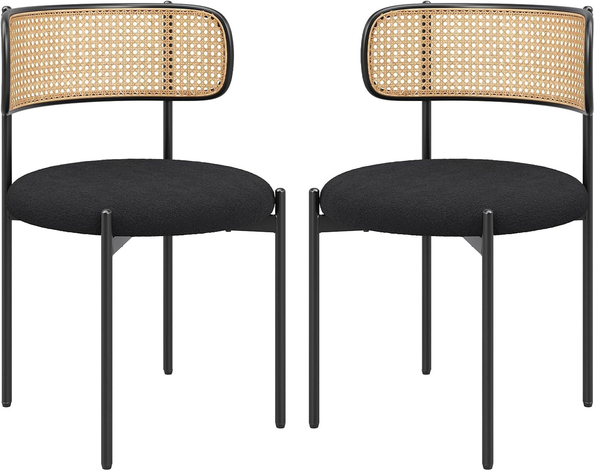 Farini Dining Chairs Set of 4,Mid-Century Modern Kitchen Chair Rattan Backrest Round Upholstered Sherpa Dining Chairs with Metal Legs,Black