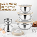 P&P CHEF Mixing Bowl with Visible Airtight Lid Set of 5, 10-Piece Stainless Steel Nesting Salad Bowl Set for Prepping, Mixing and Serving, Size 4.6, 3, 1.5, 1, 0.7 QT, Rimmed Edges & Flat Base, Khaki