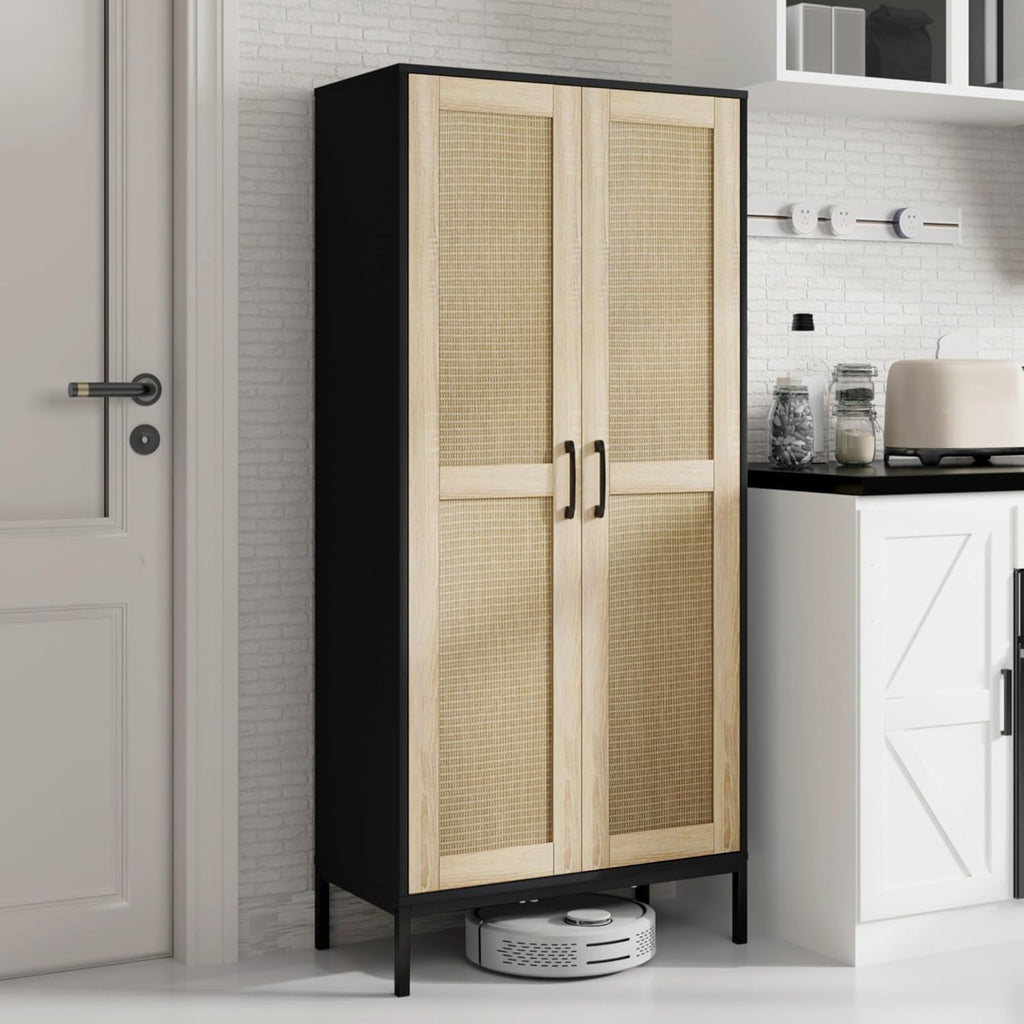 60" Tall Kitchen Pantry with 2 Rattan Doors and 3 Adjustable Shelves,Freestanding Cupboard Storage Cabinet for Kitchen, Laundry Room, Dinning Room and Living Room,Black