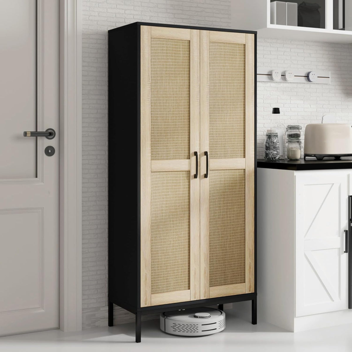 60" Tall Kitchen Pantry with 2 Rattan Doors and 3 Adjustable Shelves,Freestanding Cupboard Storage Cabinet for Kitchen, Laundry Room, Dinning Room and Living Room,Black