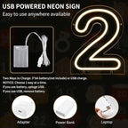 Number 2 LED Neon Sign Backdrop Birthday Party Decoration, 11.3" Height Warm White Marquee Number Two Light Up Sign for Wedding Anniversary Window Wall Table, Indoor Battery Operated or USB