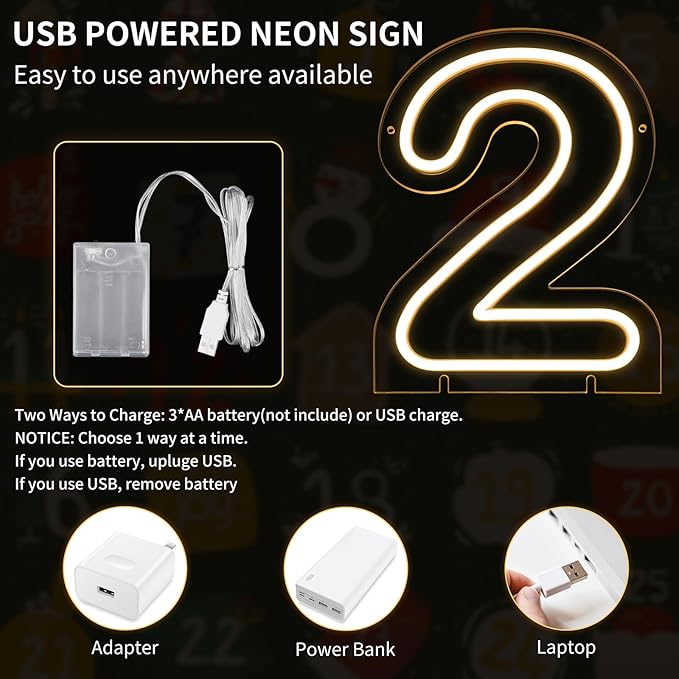 Number 2 LED Neon Sign Backdrop Birthday Party Decoration, 11.3" Height Warm White Marquee Number Two Light Up Sign for Wedding Anniversary Window Wall Table, Indoor Battery Operated or USB