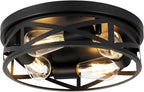 13 Inch Farmhouse Ceiling Light Fixtures, Metal Cage Close to Ceiling Lights 4-Light, Vintage Flush Mount Ceiling Lights for Bedroom Porch Kitchen Entrance, Black