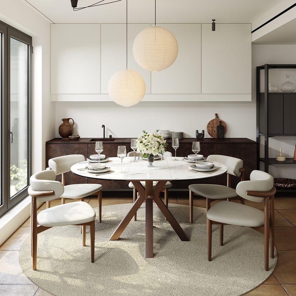 POVISON Modern Extendable Dining Table, 47" to 63" Round to Oval Sintered Stone Kitchen Table with Carbon Steel Pedestal Base for 4-6, White with Bronze(Table Only