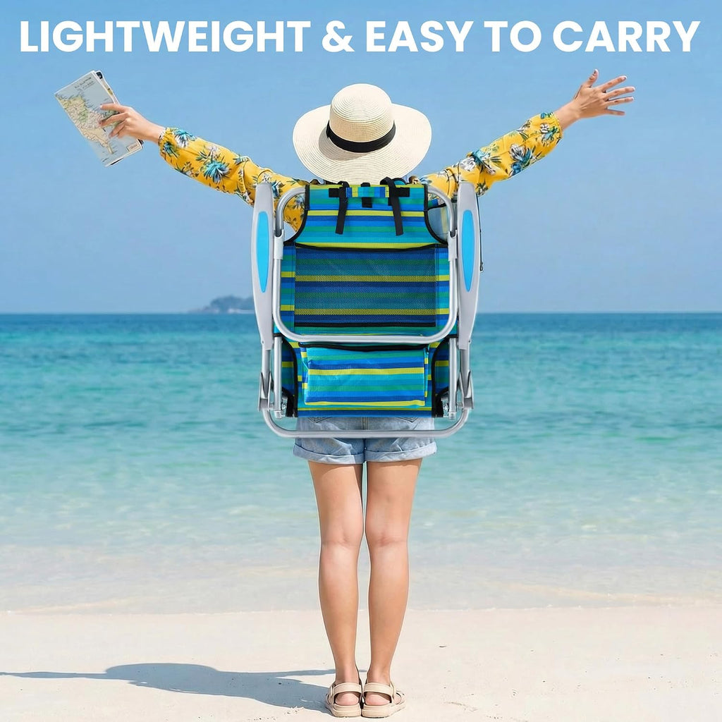 Portable Beach Chair for Adults, Outdoor Lightweight Camping Chair Lay Flat Folding Backpack Beach Reclining Chair with 5 Positions, Headrest, Zipper Pouch, Cup Holder, NEW Striped