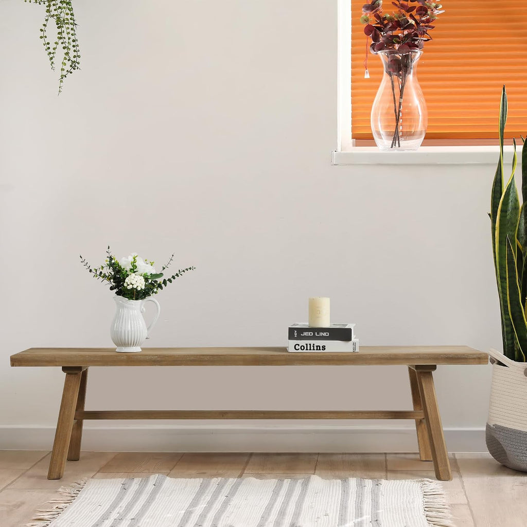 Wnutrees 63" Farmhouse Wood Bench, Rustic Solid Wood Dining Room & Entryway Bench Seat for Indoors, Easy Assembly, Natural