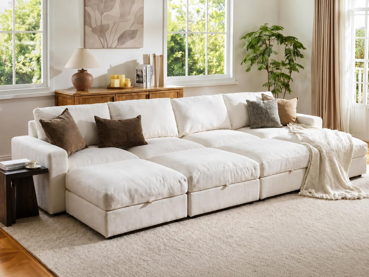 Cloud Couch Sectional 146.5'' Oversized Modular Deep Seat Sofa Bed Comfy White Cloud Couch with Washable Cover for Living Room 4 Seater with 4 Ottoman