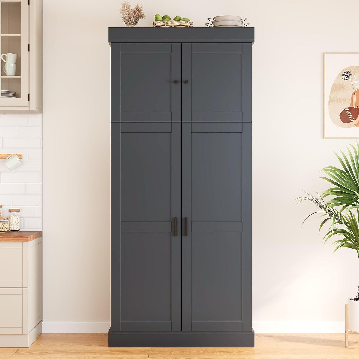 77'' Tall Freestanding Kitchen Pantry, Modern Cupboard Storage with Adjustable Shelves,Door Shelves, Drawers and Wine Racks,for Dining Living Room (Grey-A)