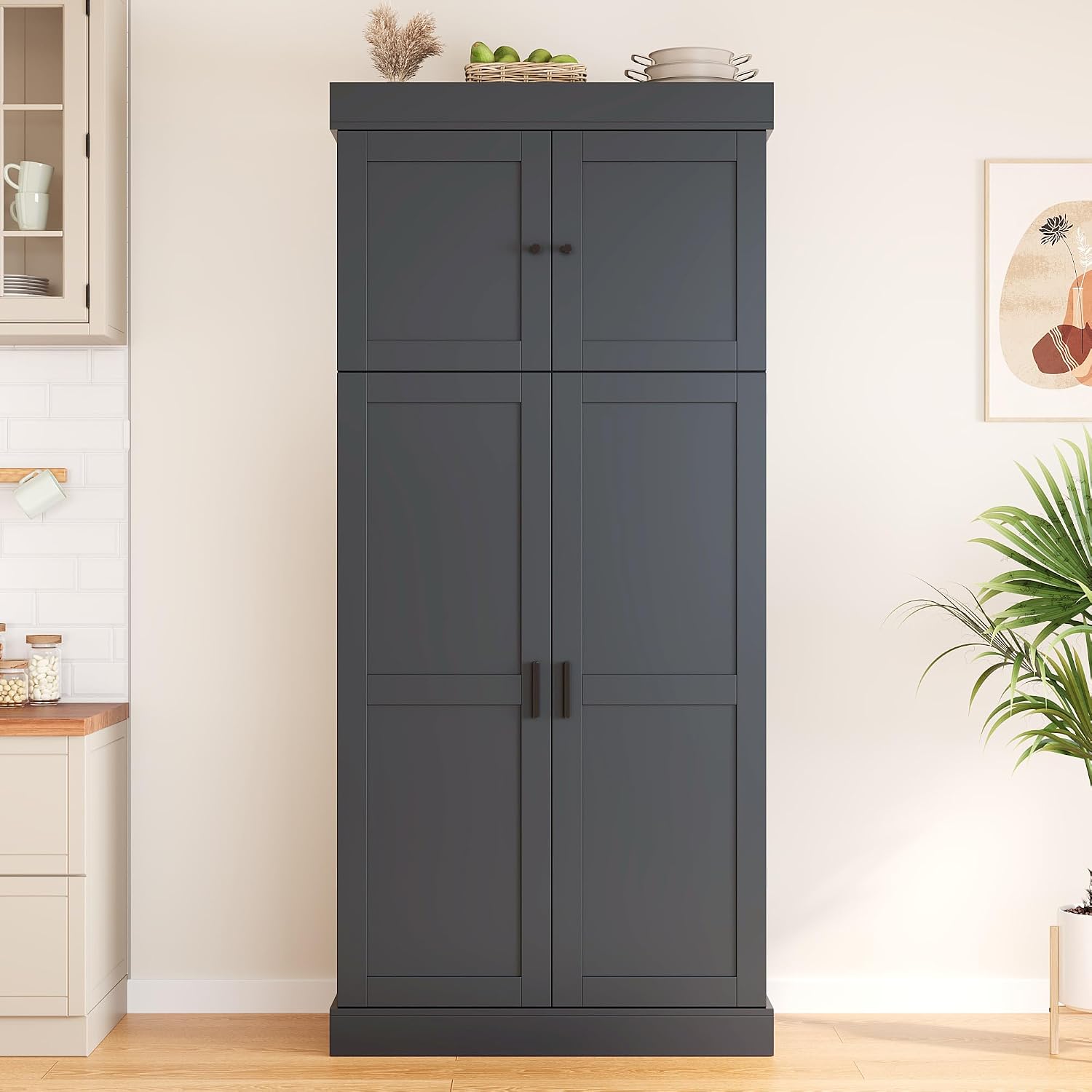 Tall Kitchen Pantry Cabinet with Adjustable Shelves, Modern Freestanding Cupboard with Door Shelves, Drawers and Wine Racks for Dining Room (Grey)