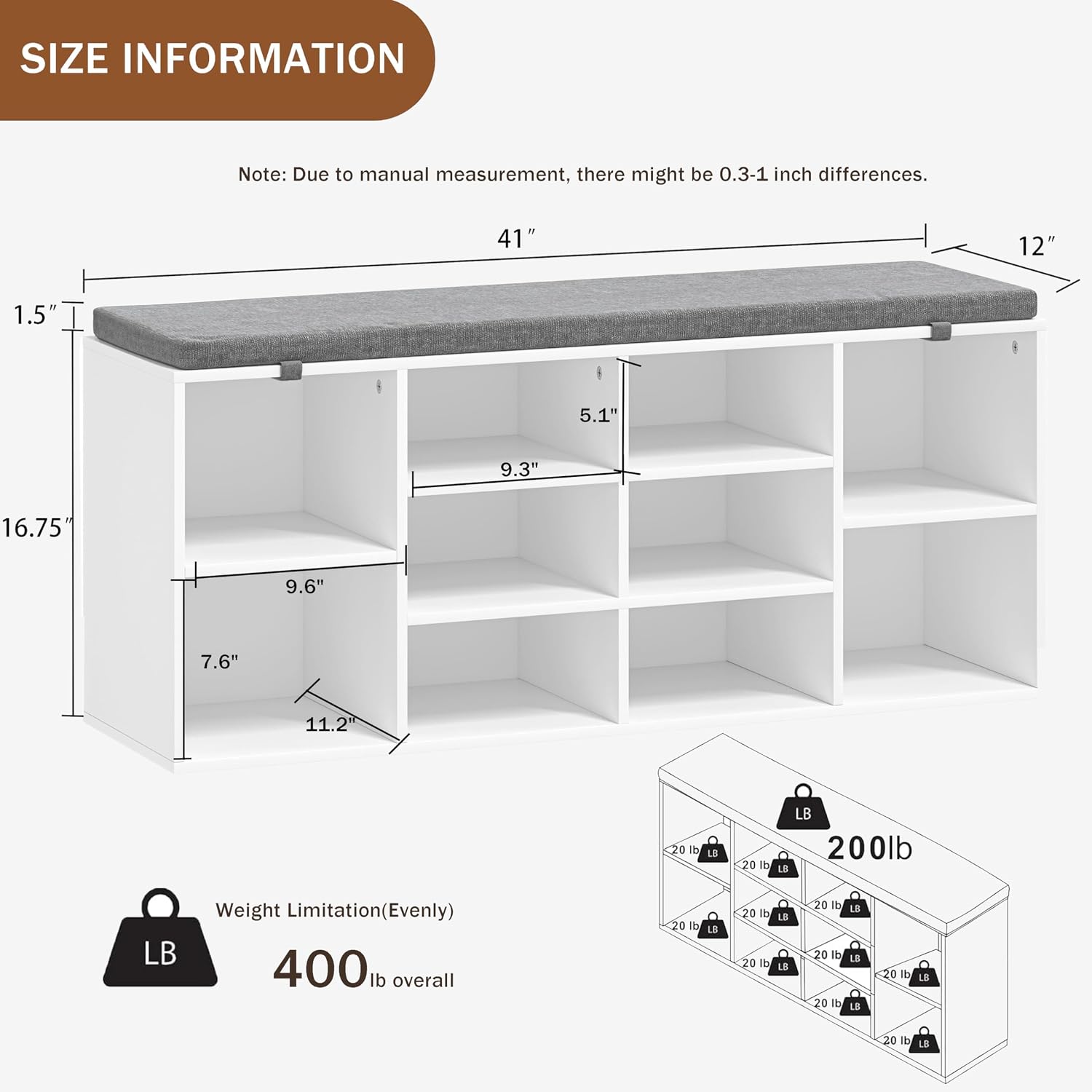 NUNU LAB Shoe Storage Bench, Shoe Bench with Removable Cushion 10 Cubbies, Space Saving Shoe Rack, 41 x 12 x 16.75 Inches, White