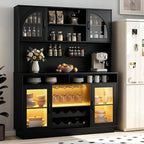 70.9" Tall Kitchen Pantry Cabinet with Outlet & LED Lights, 54.3" Wide Kitchen Storage Cabinet with Wine Rack, Farmhouse Coffee Bar Station with Pegboard, Buffet Sideboard (Black)
