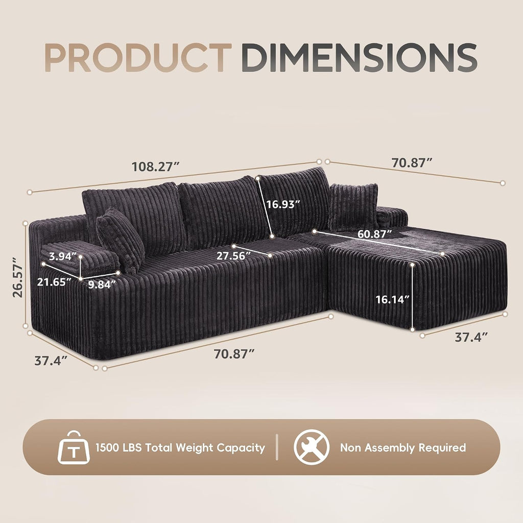 Hobestluk Couches Modular Sectional Sofa L-Shape Oversized Chaise | Memory Foam,Washable Cover,No Assembly,Non-slip,3 Seater Sectional Couch for Living Room | 108" Right Facing Chaise Darkgrey