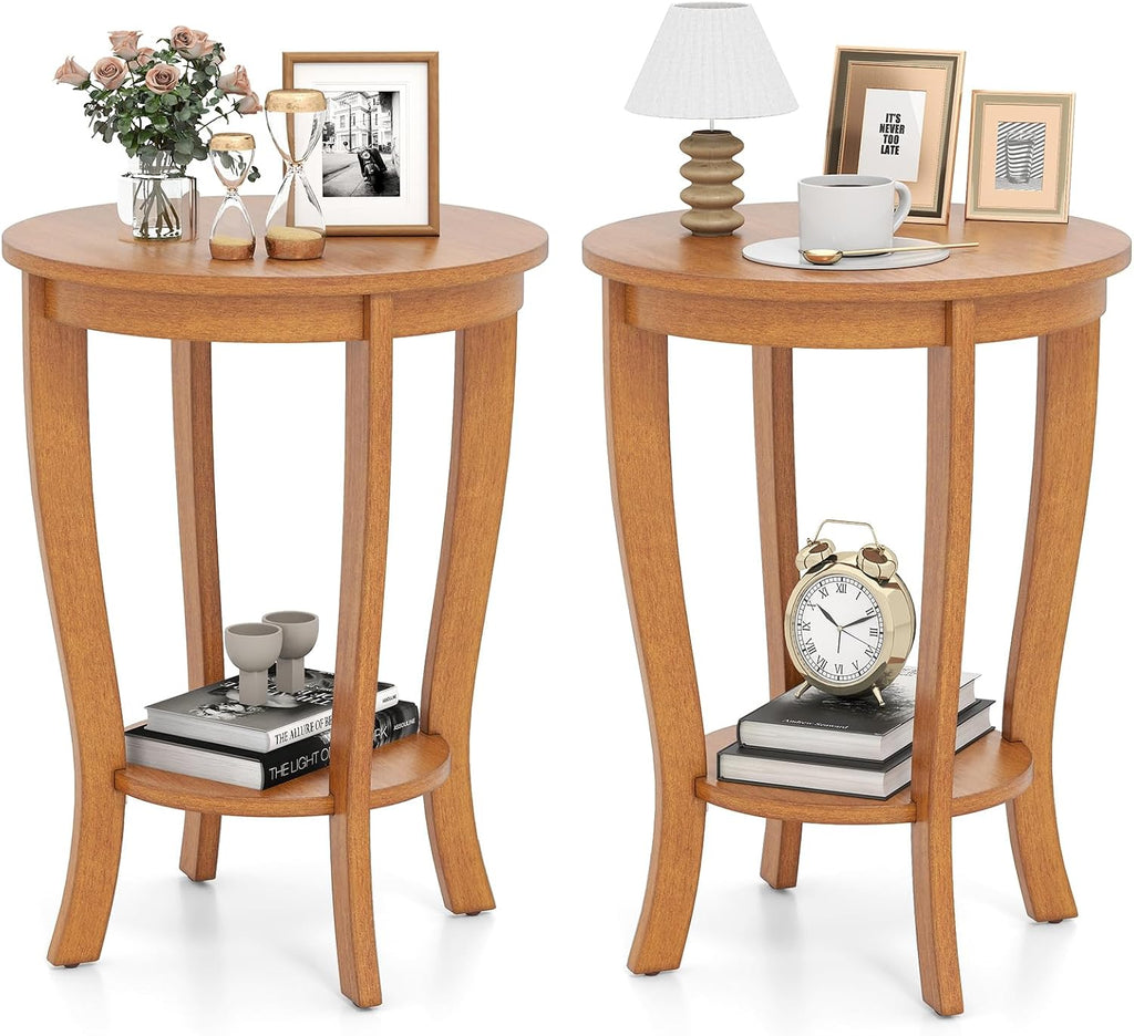 Giantex Round End Table Set of 2, Retro Nightstand with Storage Shelf & Solid Wood Legs, 24.5" Accent Side Table for Small Spaces, Wood Night Stand for Living Room Bedroom, Light Brown