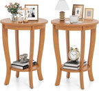 Giantex Round End Table Set of 2, Retro Nightstand with Storage Shelf & Solid Wood Legs, 24.5" Accent Side Table for Small Spaces, Wood Night Stand for Living Room Bedroom, Light Brown