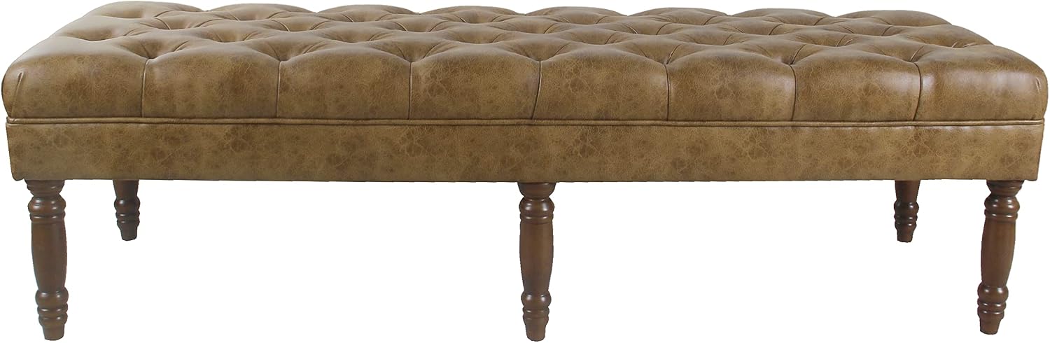 HomePop Tufted Decorative Bench, Light Brown Leather Large