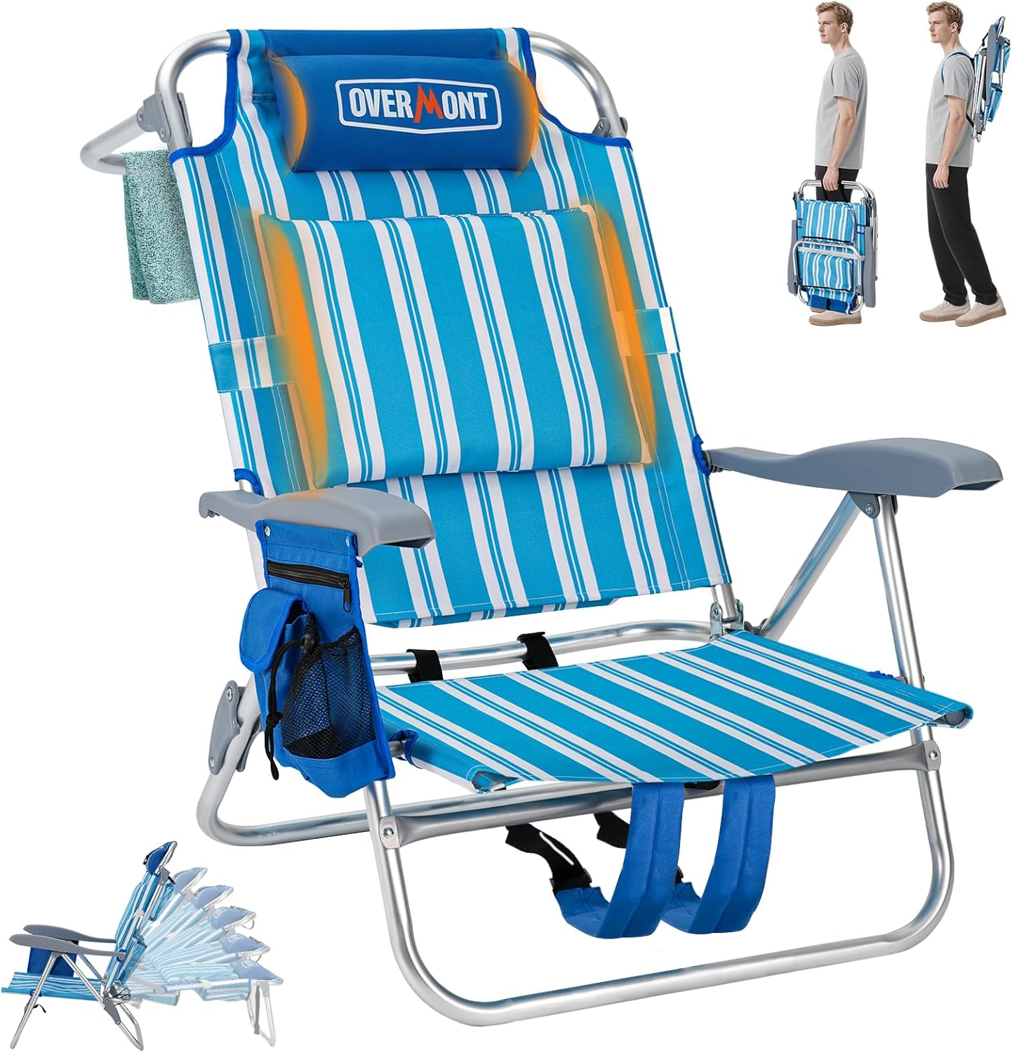 Overmont Low Beach Chair with Cooler Bag - 6-Positions Lay Flat with Ergonomic Armrests- Wide Seat with Lumbar Support, Towel Holder- Heavy-Duty 330lbs Support- Perfect for Summer, Travel & Relaxation