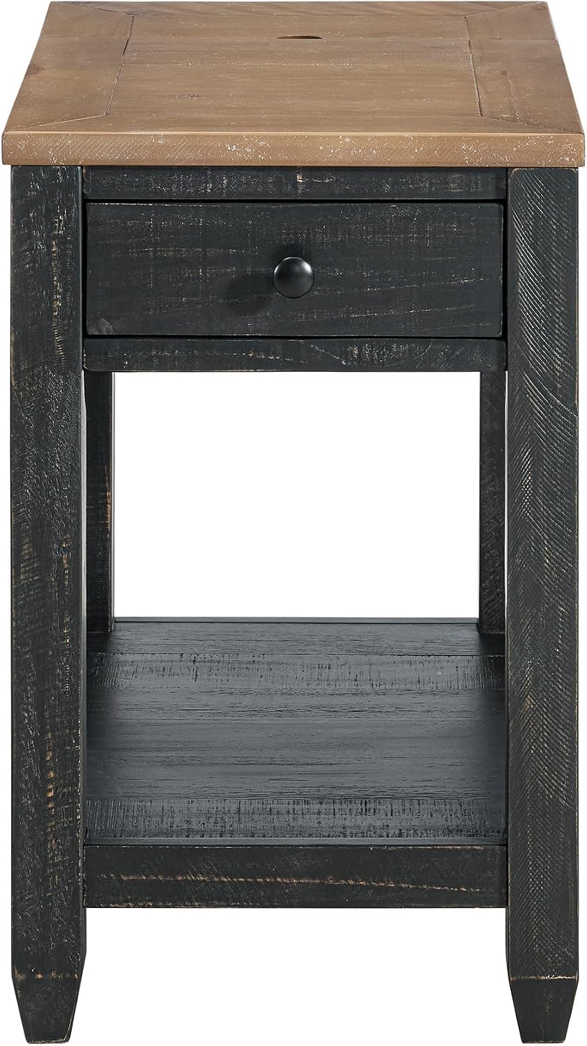 Martin Svensson Home Napa Farmhouse Chairside End Table with Charging Station, Solid Wood Narrow Side Table with Drawer & Shelf, Rustic Accent Table for Living Room or Bedroom. Black and Driftwood.
