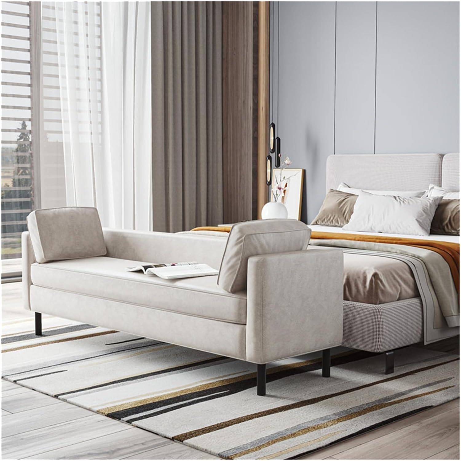 Modern White End of Bed Bench, Modern Technical Cloth Upholstered Ottoman Seat with Black Legs, Long for Bedroom Living Room Foyer Indoor Entryway (White) Entryway(100 * 50 * 55cm)