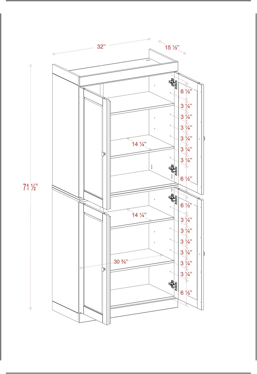 Palace Imports Solid Wood Kitchen Pantry Cabinet - 71.5" Tall x 32" Wide - Wooden Storage Cabinet with 4 Doors & Adjustable Shelves, Navy Blue, 100% Renewable Eco-Friendly Wood, Made in Brazil