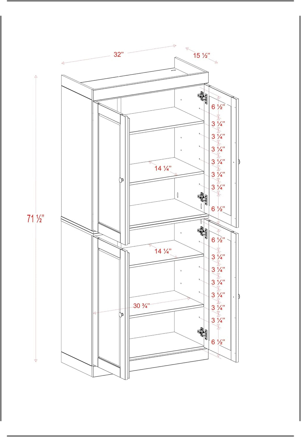 Palace Imports Solid Wood Kitchen Pantry Cabinet - 71.5" Tall x 32" Wide - Wooden Storage Cabinet with 4 Doors & Adjustable Shelves, Black, 100% Renewable Eco-Friendly Wood, Made in Brazil